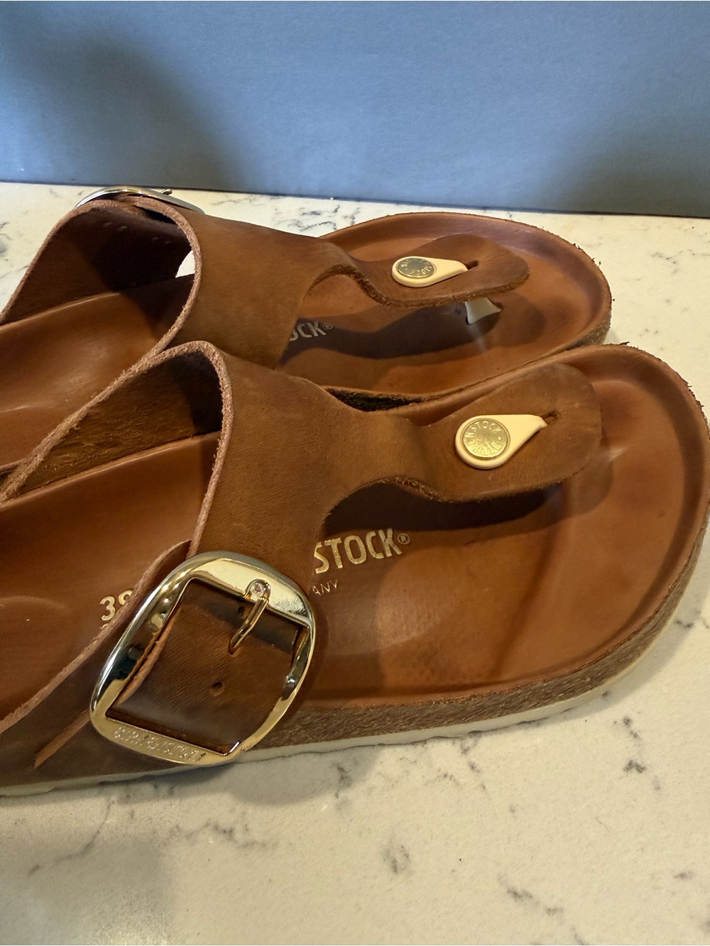 Birkenstock Brown Leather T-Strap Sandals with Gold Accents - Picture 6 of 16